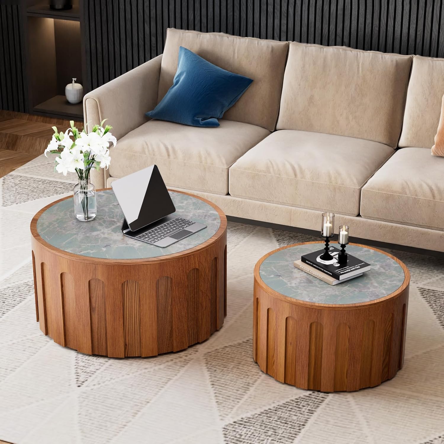 Round Nesting Coffee Table - Green Rock Slab Tabletop, Chic Stylish Coffee Table Set of 2 - Solid Wood Fluted Sides for Small Space No Assemble Required (B 26.4+19.7in)