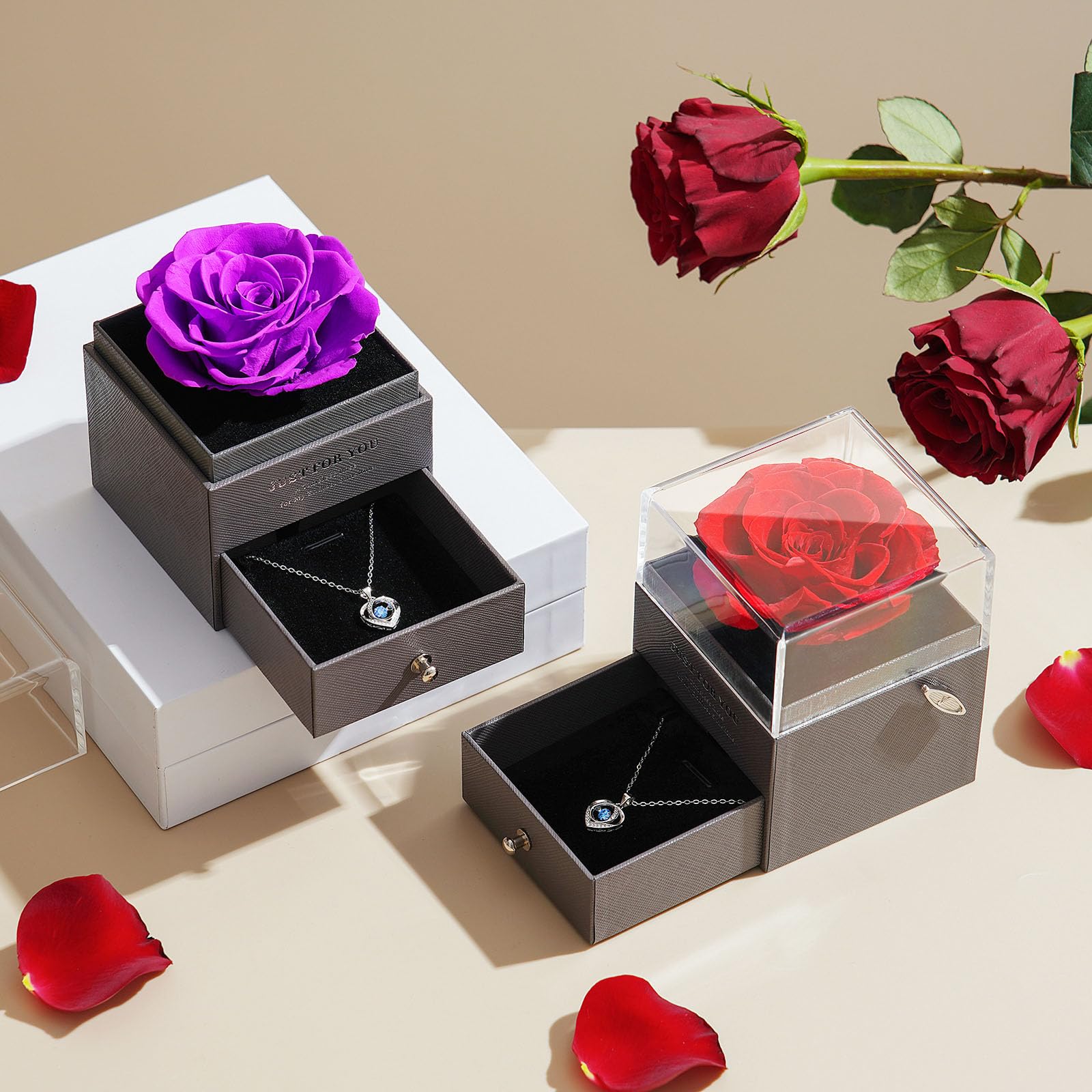 ADDWel Regalos Originales para Mujer Día de la Madre y el Sant Jordi, Rosa Eterna Natural Preservada con Collar en Caja de Música, Regalo Romántico para Novia, Esposa o Mamá Cumpleaños o Aniversario