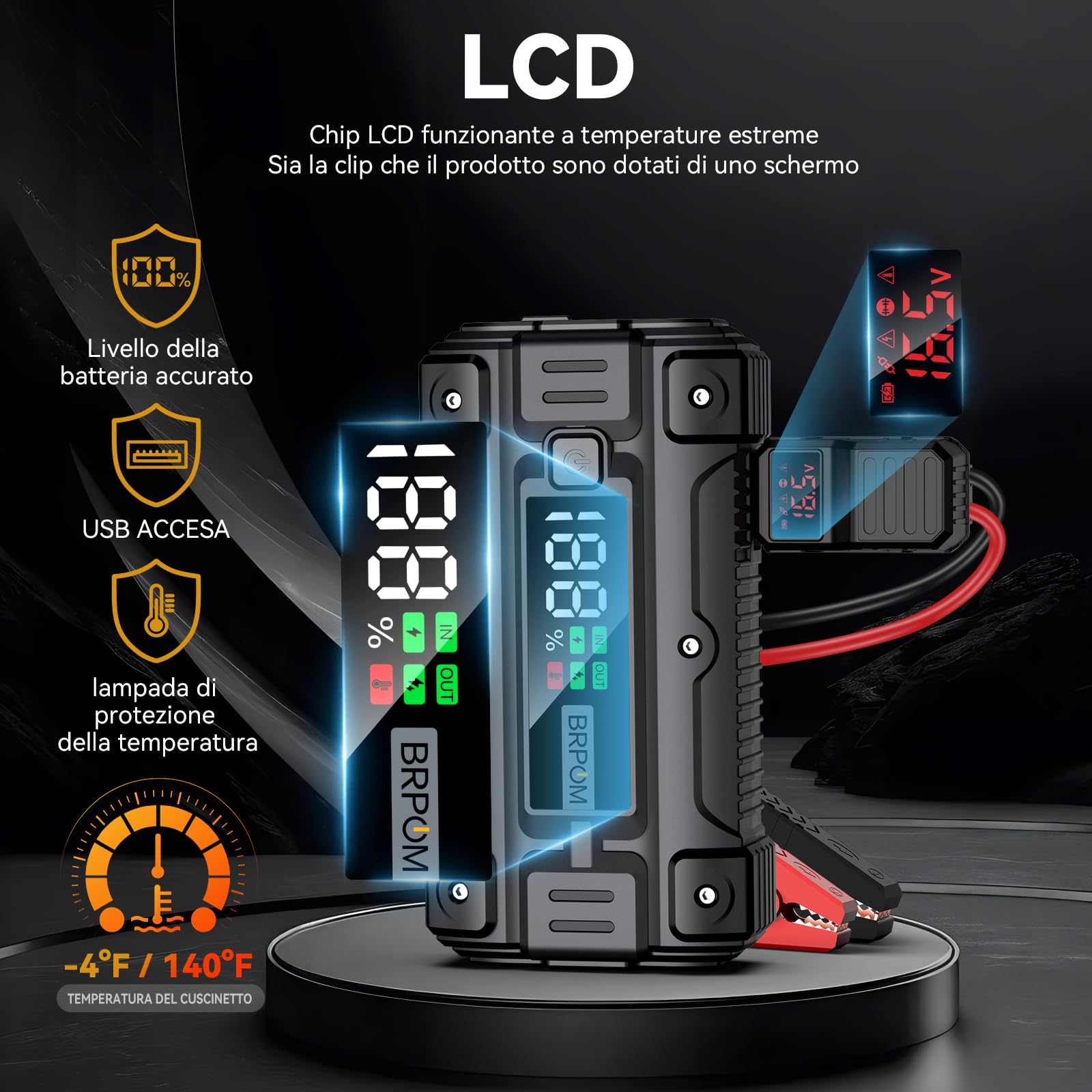 BRPOM Avviatore Batteria Auto, 6000A 26800mAh Avviatore di Emergenza per Auto/Moto, (Motori Fino a ALL Gas o 8.5L Diesel) Booster Avviamento Auto con Torcia a LED&USB Quick Charge 3.0