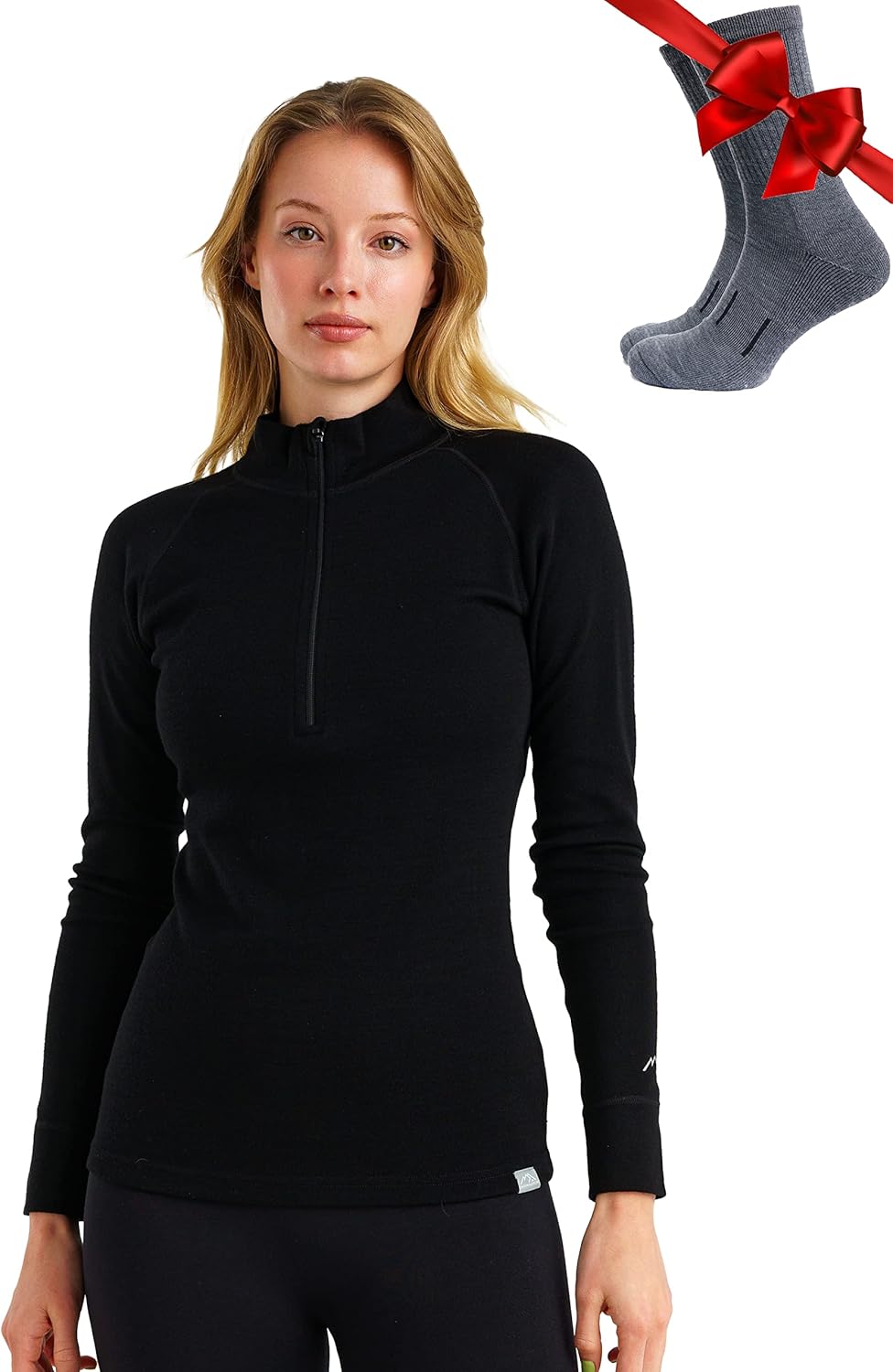 Merino Wool Base Layer Women - 100% Merino Half Zip Sweater Women Lite, Midweight, Heavyweight Thermal Shirts and Socks