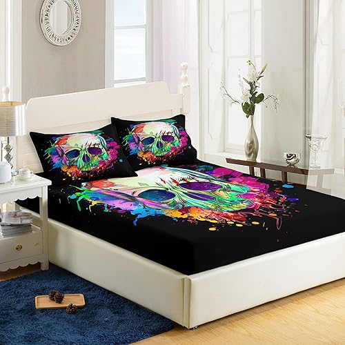 AILONEN Sábana bajera ajustable de calavera para adolescentes y niños, juego de sábanas con estampado de calavera, juego de sábanas con temática de