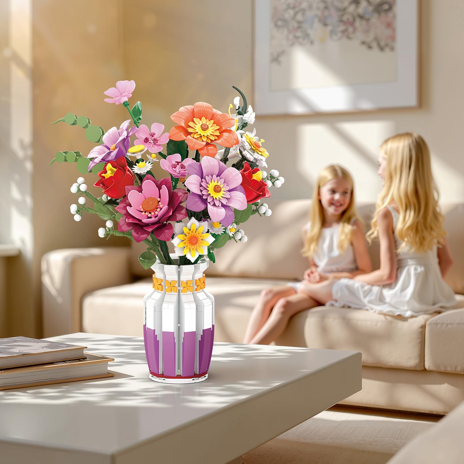 Set di Costruzione di Mazzetto di Fiori con Vaso Bicolor, 16 Set di Mazzetti di Fiori Artificiali per Adulti e Donne, Compatibile con la Collezione Botanica di Mazzetti di Fiori Lego, 1278 Pezzi
