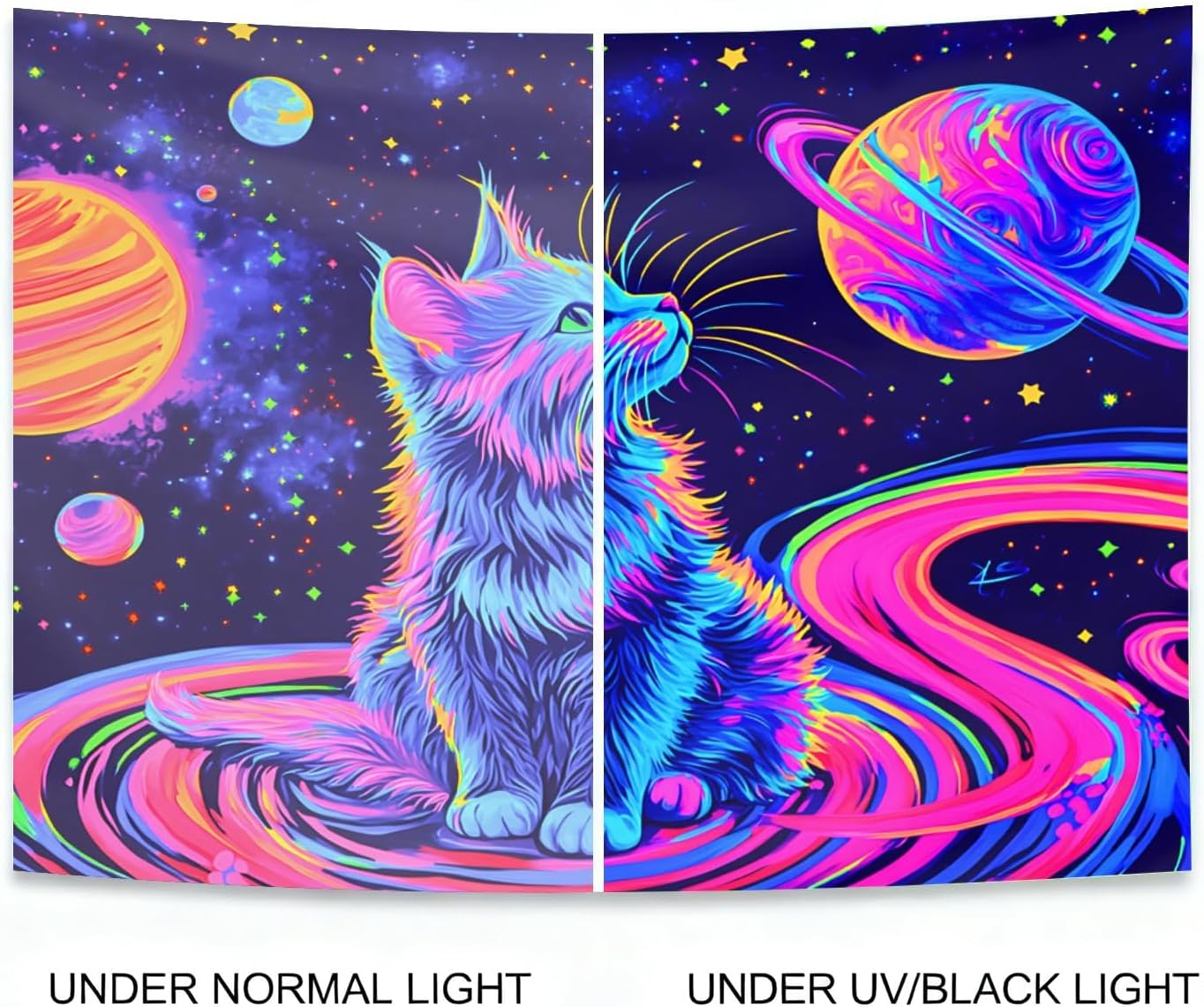 seewan Black Light Space Cat Tapestry, Glow-in-the-Dark UV Neon Galaxy Kitten with Planets Wall Hanging, Psychedelic Cosmic Art Tapestry, Bedroom Dorm Living Room Background Decor