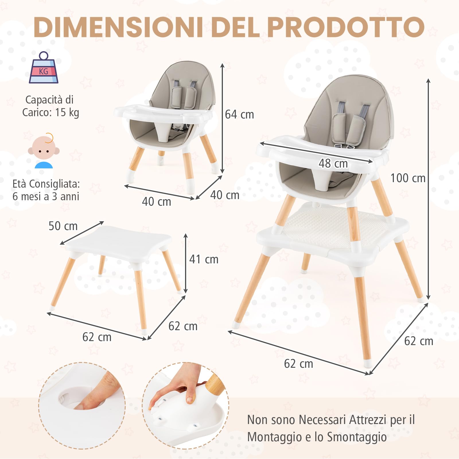 RELAX4LIFE 4 in 1 Seggiolone Pappa, Seggiolone Evolutivo con Vassoio Rimovibile e Cintura di Sicurezza, Altezza Regolabile in 4 Posizioni, per Bambini e Neonati 6-36 Mesi (Standard, Grigio)