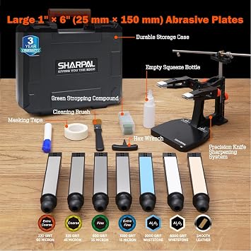 SHARPAL 202H Precision Knife Sharpening System, Adjustable Angle 1035 | Knife Sharpener Kit, 7 Abrasive Plates (Diamond 220/325/600/1000, Whetstone 3000/6000, Leather Strop) and Giftable Carry Case