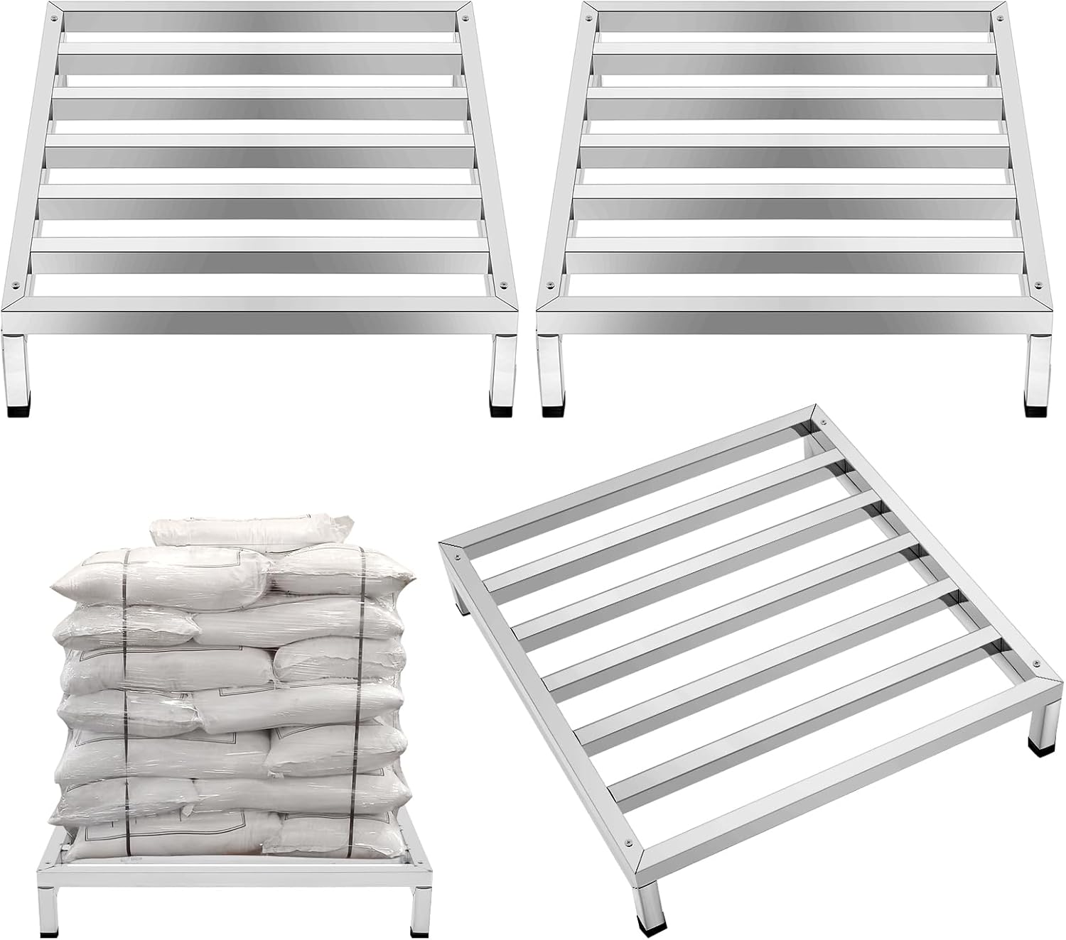 3 Pack Dunnage Rack 23.6" Long x 23.6" Wide, 3.9" Height Stainless Steel Shelf 2000+ Pound Capacity Commercial Food Floor Rack for Restaurants Kitchens Garages and Vehicles(Detachable)