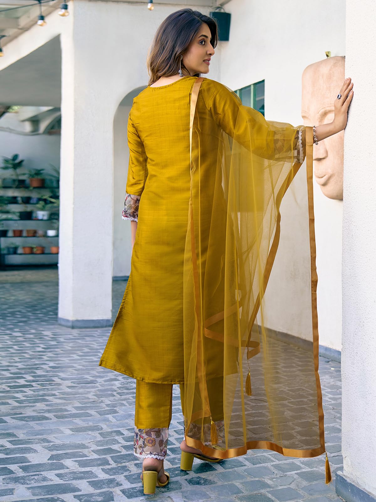 Sanisa Women's Art Silk Sequence Embroidery Work Straight Kurta With Pant And Dupatta (163Kbd1753N-L_Mustard Yellow3)