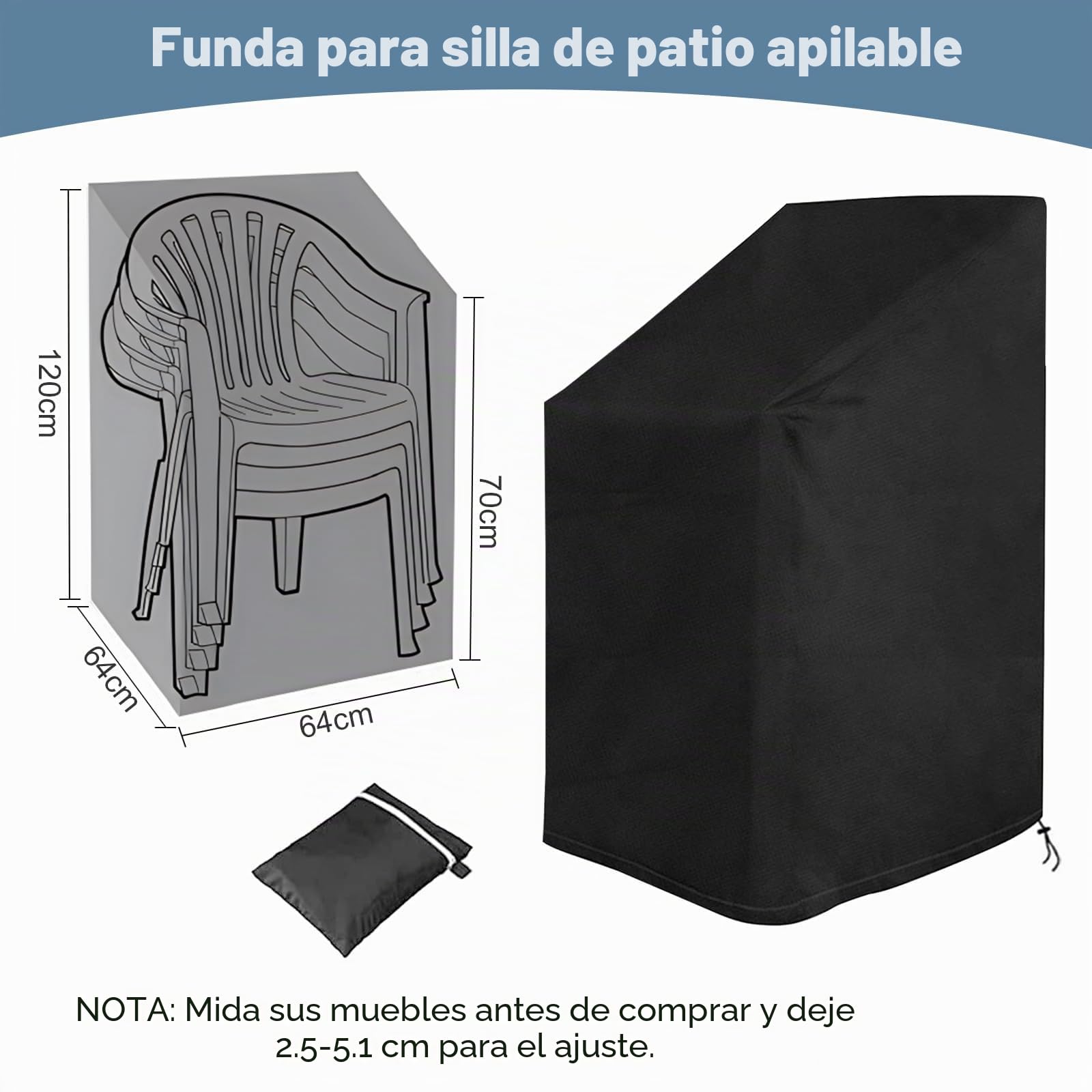 2 Piezas Funda Sillas Jardin, 210D Oxford Impermeable Funda Protectora Funda para Sillas Apilables de Jardín, Anti Viento, Anti UV para Sillas Apilables 64x64x70/120cm