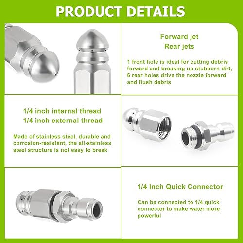 Miniatura 3 de EPLZON Boquilla de chorro de alcantarillado de acero inoxidable de 5000 PSI con acoplamiento de conexión rápida de 14 pulgadas para limpiadores de