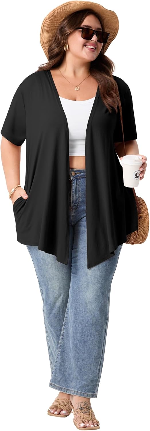 SHIJIALI Plus Size Lightweight Cardigan for Women 2026 Short Sleeve Open Front Casual Cardigans with Pockets
