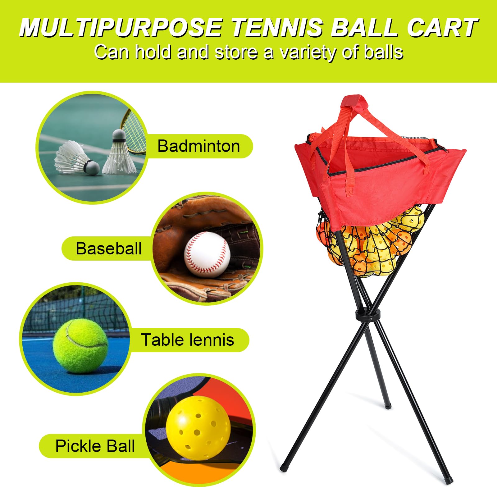 Pro Składane pojemniki na piłki tenisowe, pomieści 100 piłek tenisowych, przenośny kosz na piłki tenisowe z przenośną cholewką pickleball do zbierania i przechowywania, narzędzie treningowe do