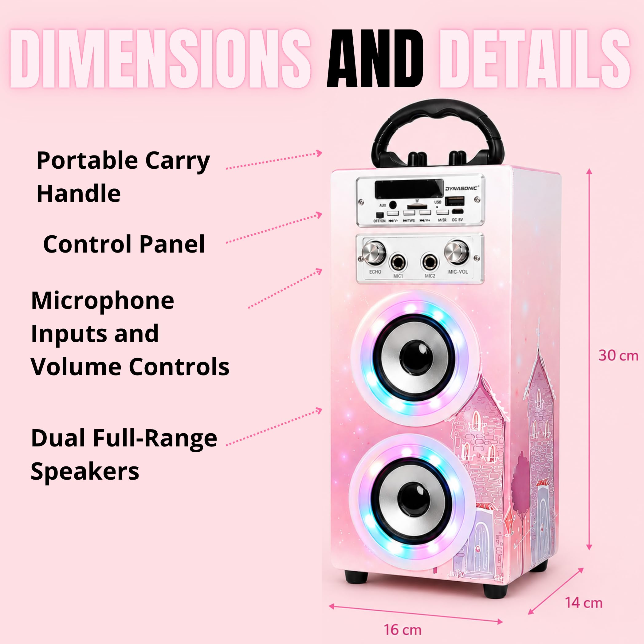 Dynasonic Karaoke Altavoz Bluetooth Portatil, 2 Micrófonos, USB/SD/AUX, Luces LED, Batería Recargable. Regalo para niños, comunión, cumpleaños y Fiestas