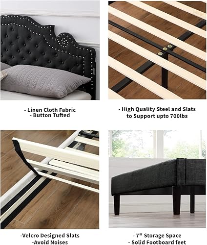 Miniatura 6 de Base de cama de plataforma tapizada tamaño Queen con cabecero ajustable de 47 pulgadas de alto, cama de lino copetuda con botones, soporte de