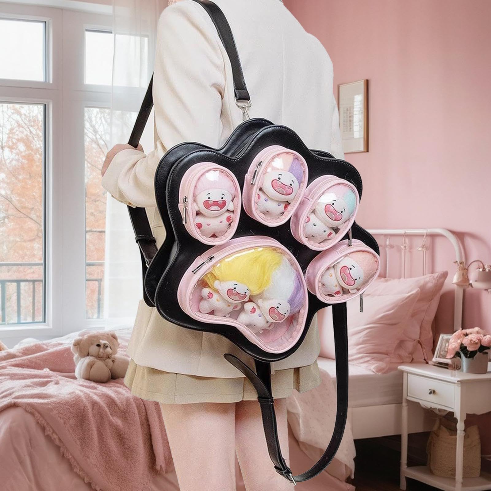 Lindas mochilas estéticas con diseño de pata de gato para la escuela, negro