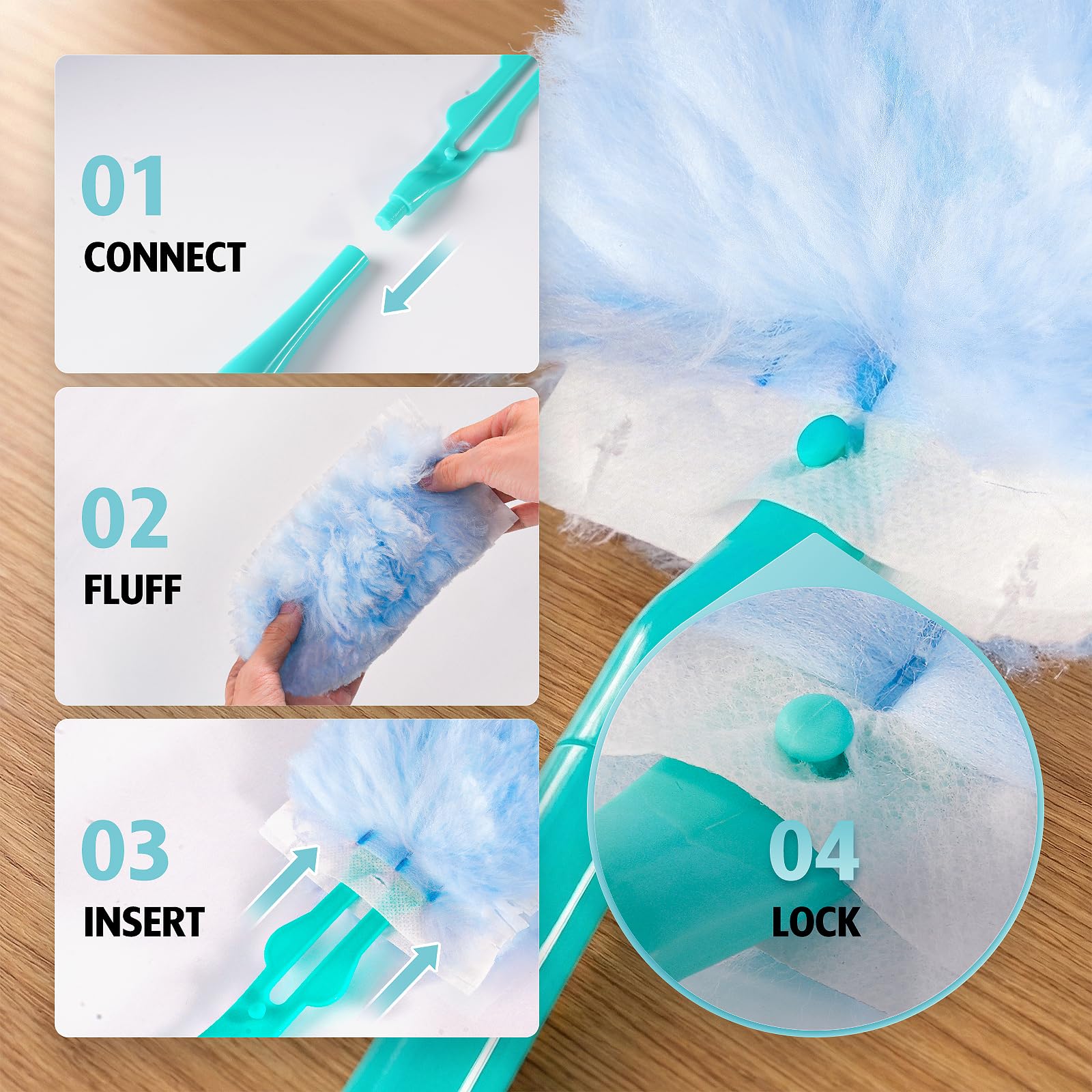 60 recambios de plumero de 360° para plumero Swiffer con 2 manos mejoradas | Plumero desechable multisuperficie de 2 lados de 360°, 4 x microfibras, para limpieza