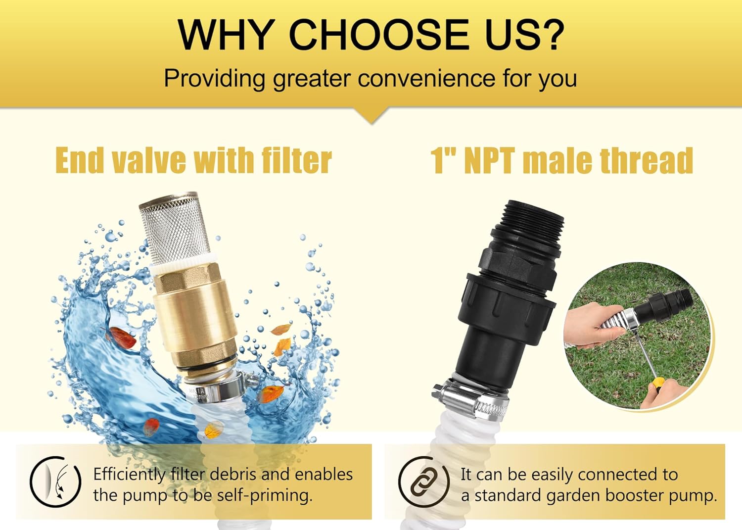 FLUENTPOWER 23FT x 1" Suction Hose Kit with Brass Fitting Check Valve and NPT 1" Thread, Water Intake Hose Set, Aspiration Hose for Well Shallow Sprinkler Garden Booster Pump, White