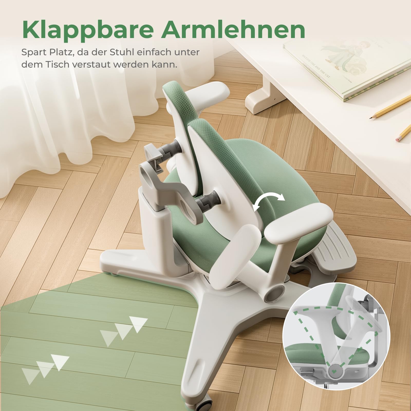 HOKO Ergo Study Kid Schreibtisch Stuhl Grün. Höhenverstellbarer, mitwachsender Kinder Stuhl. Sitz und Rücken separat verstellbar. Ergonomisches Sitzen für Kinder (Milo)