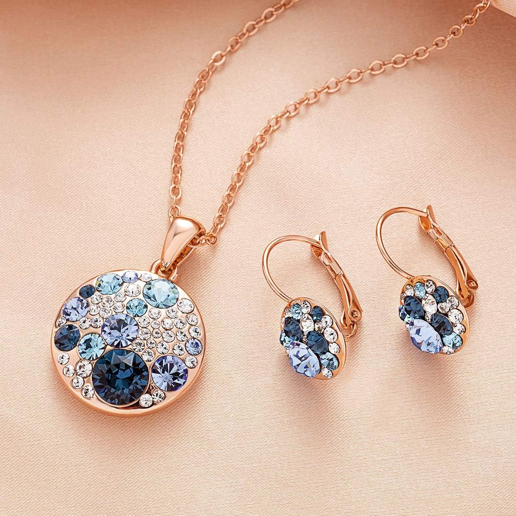 EVEVIC Austrian Crystals Round Disc Pendant Necklace Earrings for Women 14K Gold Plated Hypoallergenic Jewelry Sets - Image 5