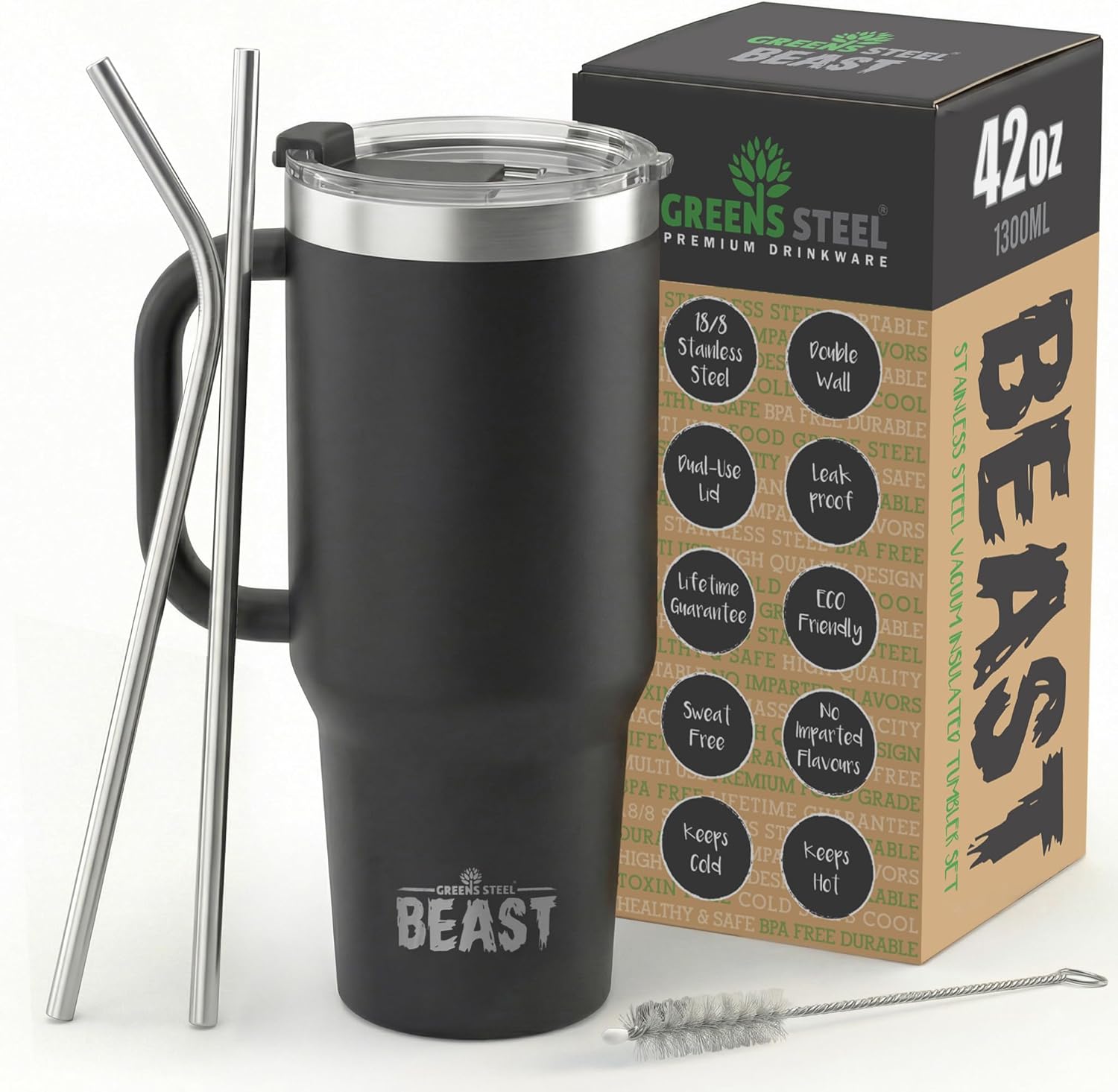 Beast 42 oz Tumbler with Handle Stainless Steel Vacuum Insulated Coffee Ice Cup Double Wall Travel Flask (Matte Black)