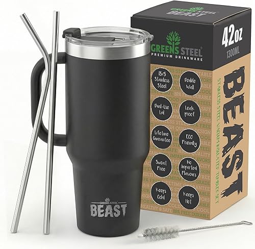 Miniatura 76 de Beast - Vaso de acero inoxidable con aislamiento al vacío para café, taza de hielo, termo de viaje de doble pared, 42 onzas (azul cielo tormentoso)