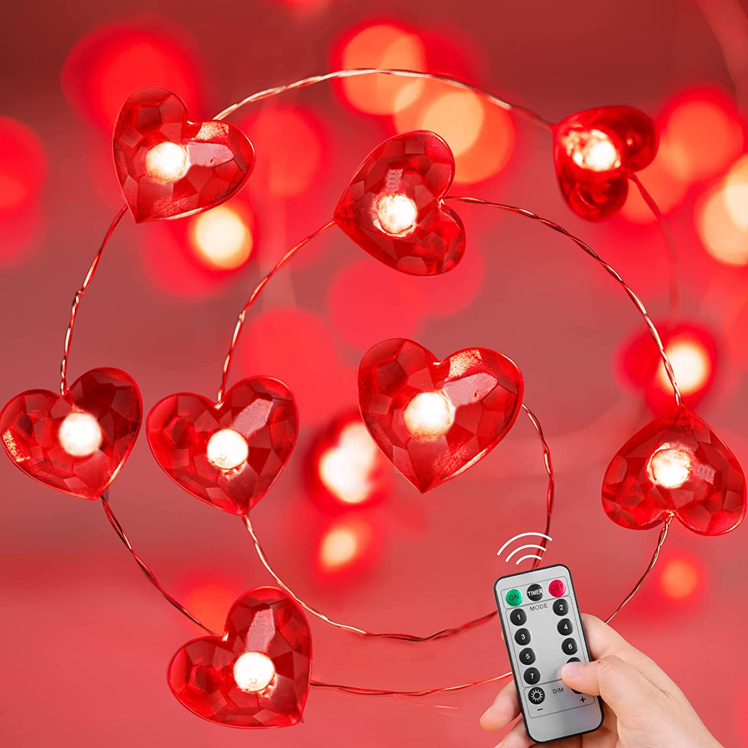 GIVOKE 4M 40LEDs Valentine's Day Red Heart Shaped Fairy Lights with Remote, 8 Modes Battery Powered Romantic Love Heart String Lights Waterproof for Wedding Anniversary (Battery Required)