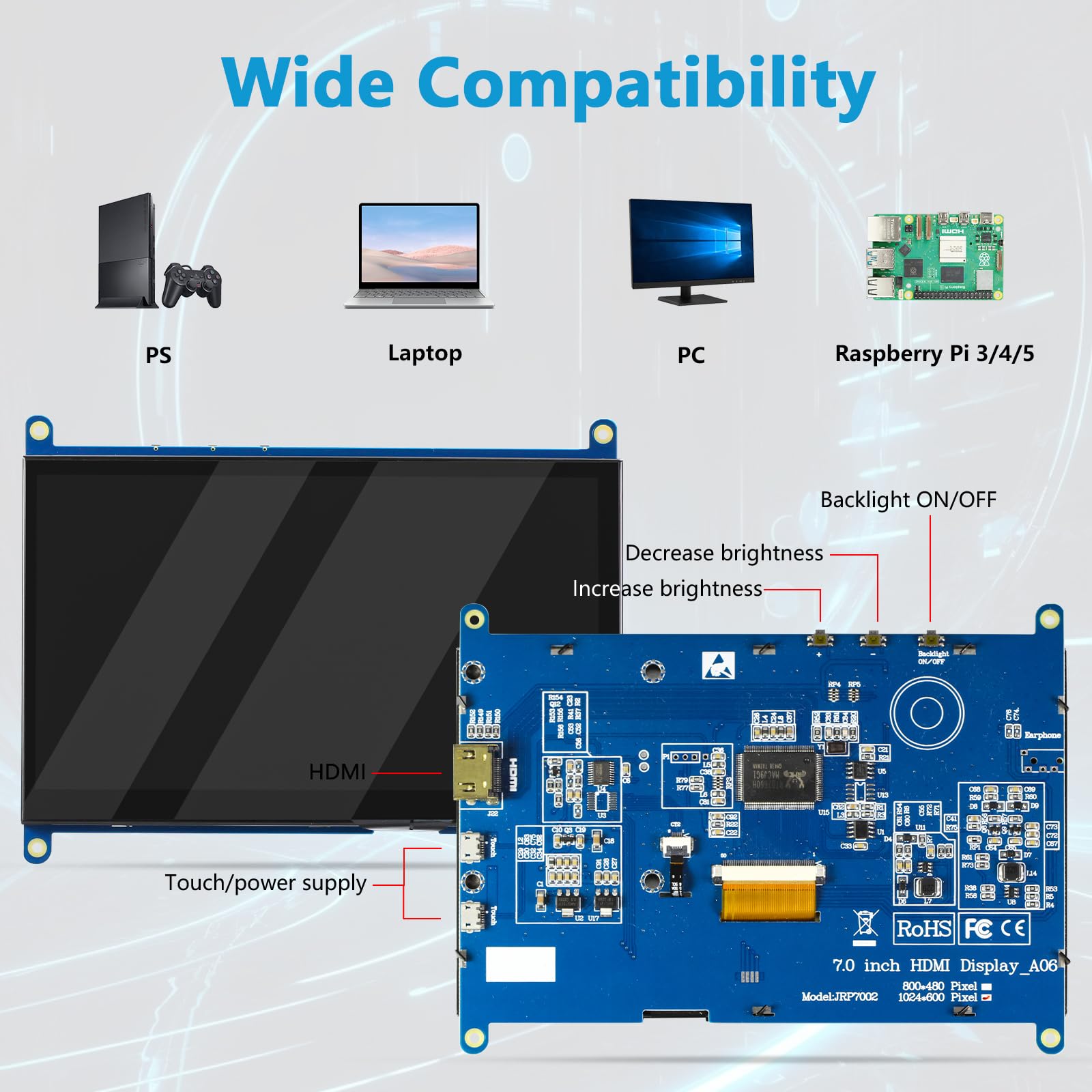 7 Zoll Mini Monitor HDMI, Tragbarer IPS-Monitor, 1024×600 LCD-Bildschirm, 178° Betrachtungswinkel, Kleines Display für Raspberry Pi, Laptop/PC/TV/DVD/CVBS (Ohne Touchscreen)