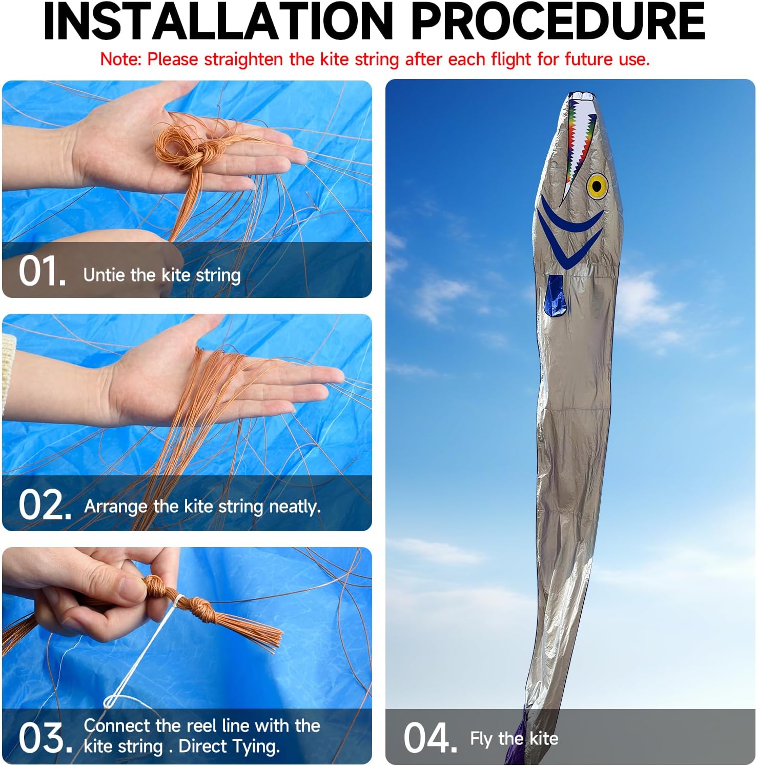 61FT Large Silver Soft Parafoil Beltfish Kite with Reel Perfect Beach Outdoor Activity Gift-Ages 12+