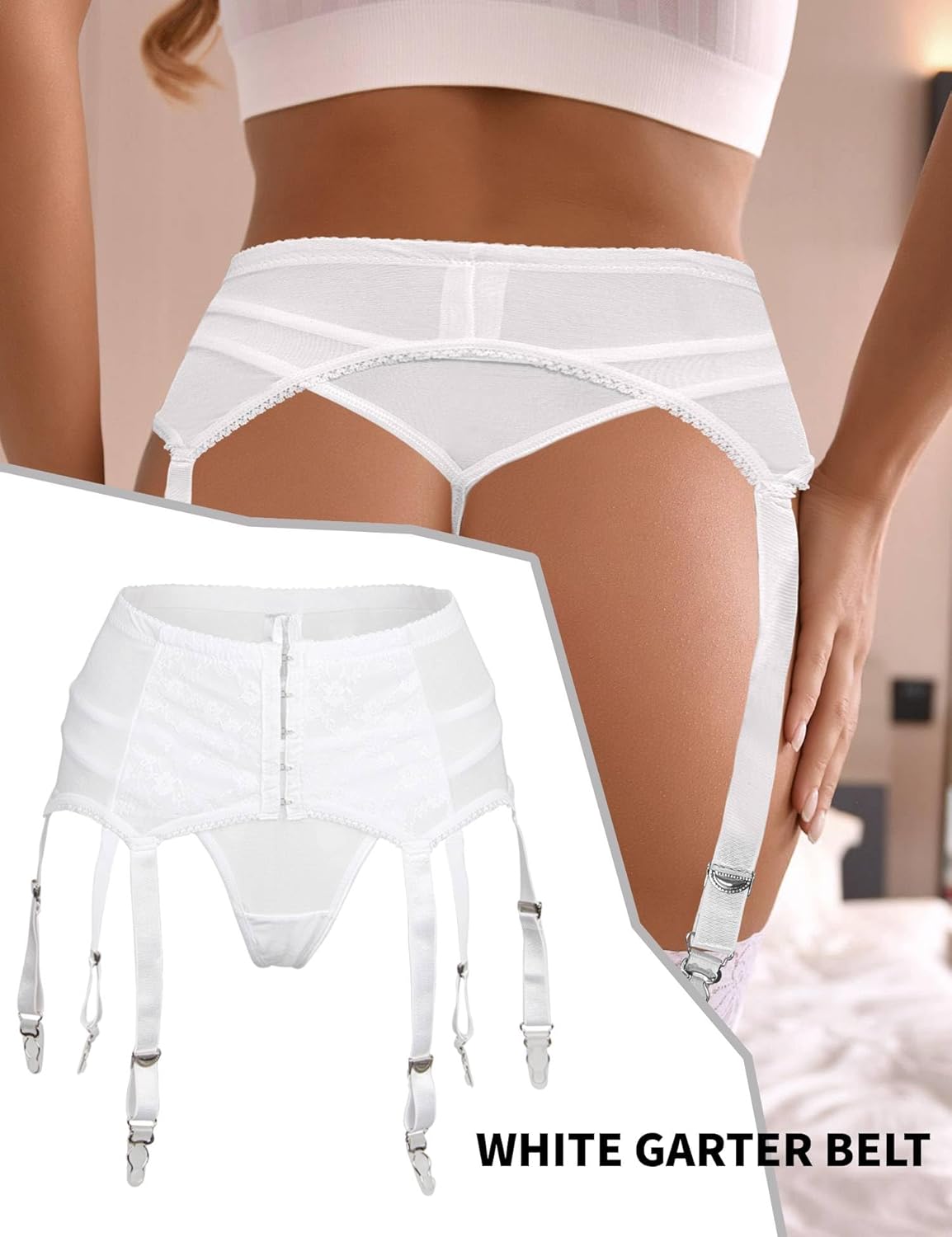 ohyeah Plus Size High Waist Garter Belt Set Lace Mesh Suspender Belt with 6 Vintage Metal Clip for Stockings - Image 3