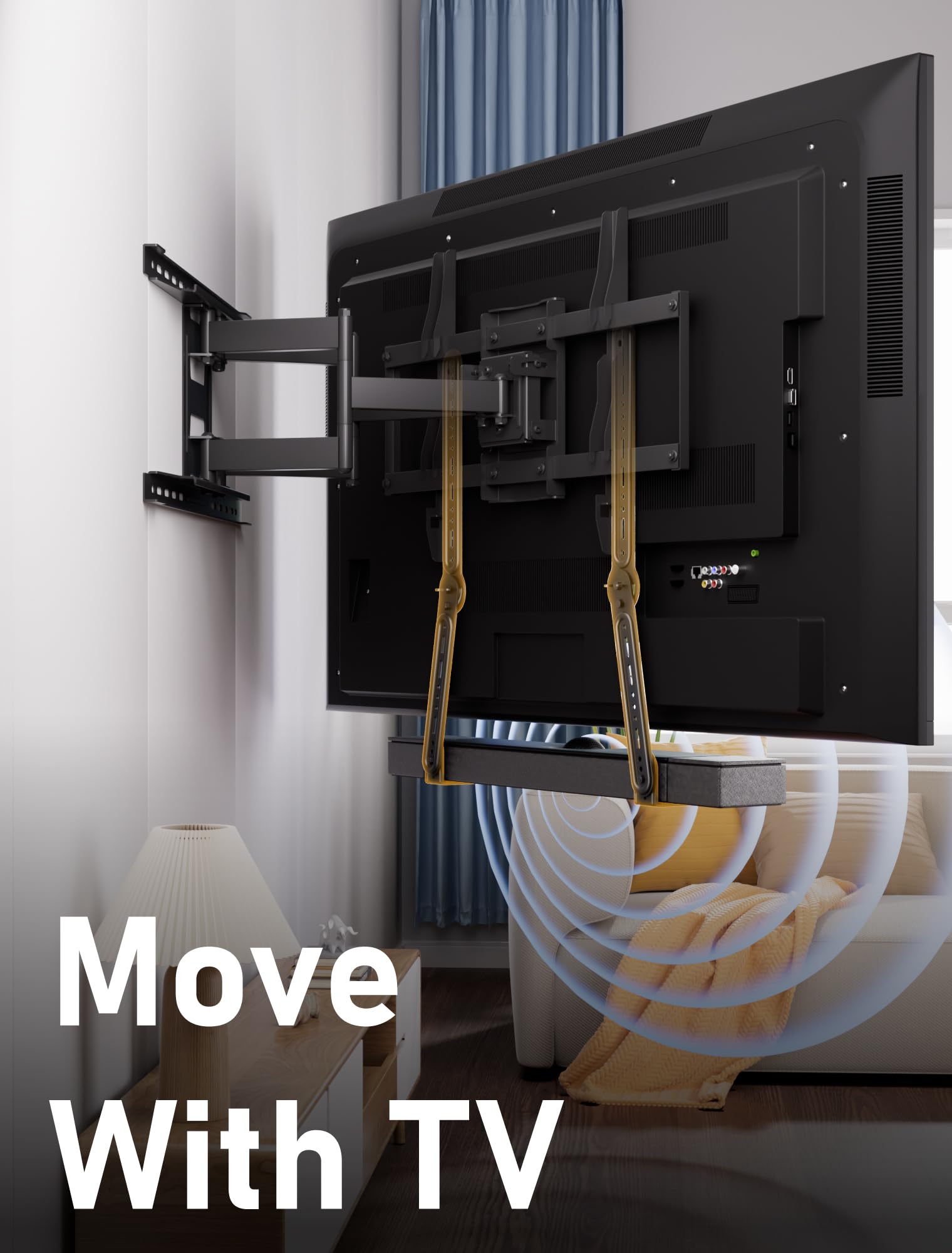 KAMIWI Soporte de barra de sonido para montaje por encima o debajo de televisores, soporte de barra de sonido para TV con brazos giratorios ajustables de 180 grados para una máxima compatibilidad, se