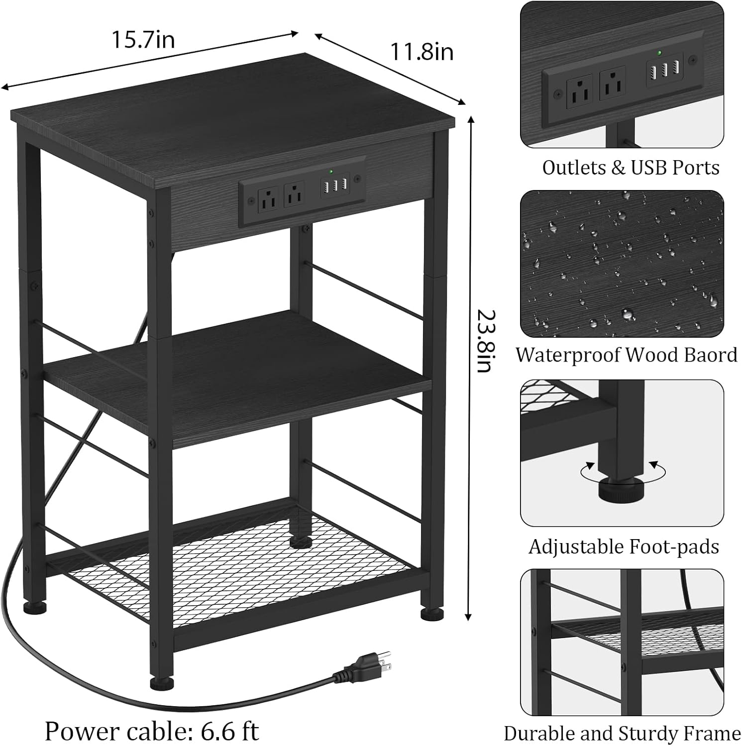 Bedside Nightstand Black with Charging Station, USB Ports, 3 Tier Side Table with Storage Shelf Modern Night Stand Square End Table for Bedroom Living Room