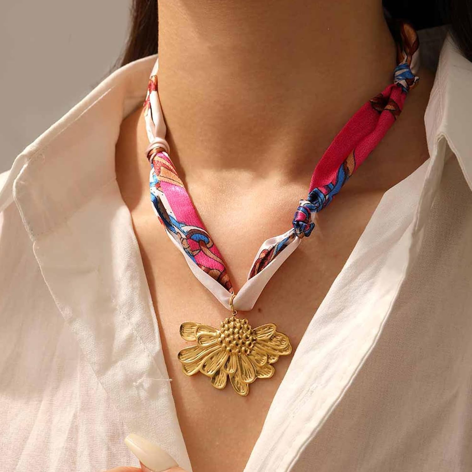 Scarf Necklace with Charm for Women, Gold Boho Western Pink Red Blue Green Silk Bandana Stainless Steel Bow Flower Heart Charm Choker Necklaces Trendy Vintage Handmade DIY Jewelry Gift - Image 3