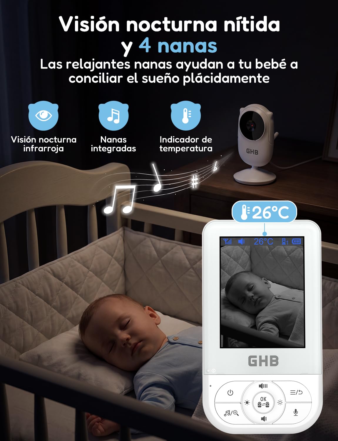 GHB Camara Vigilancia Bebe Vigilabebes con Camara de Pantalla 2.8" HD