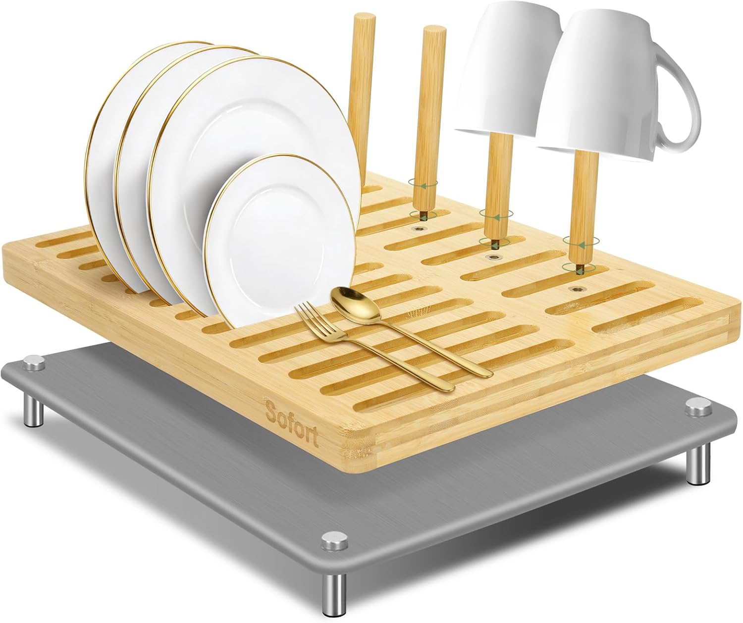 Sofort Stone Drying Mat for Kitchen Counter, Quick Dry Ultra Absorbent Dish Drying Mat with Bamboo Rack, Diatomaceous Earth Drying Pad for Dishes, Plates, Mugs 16″x12″