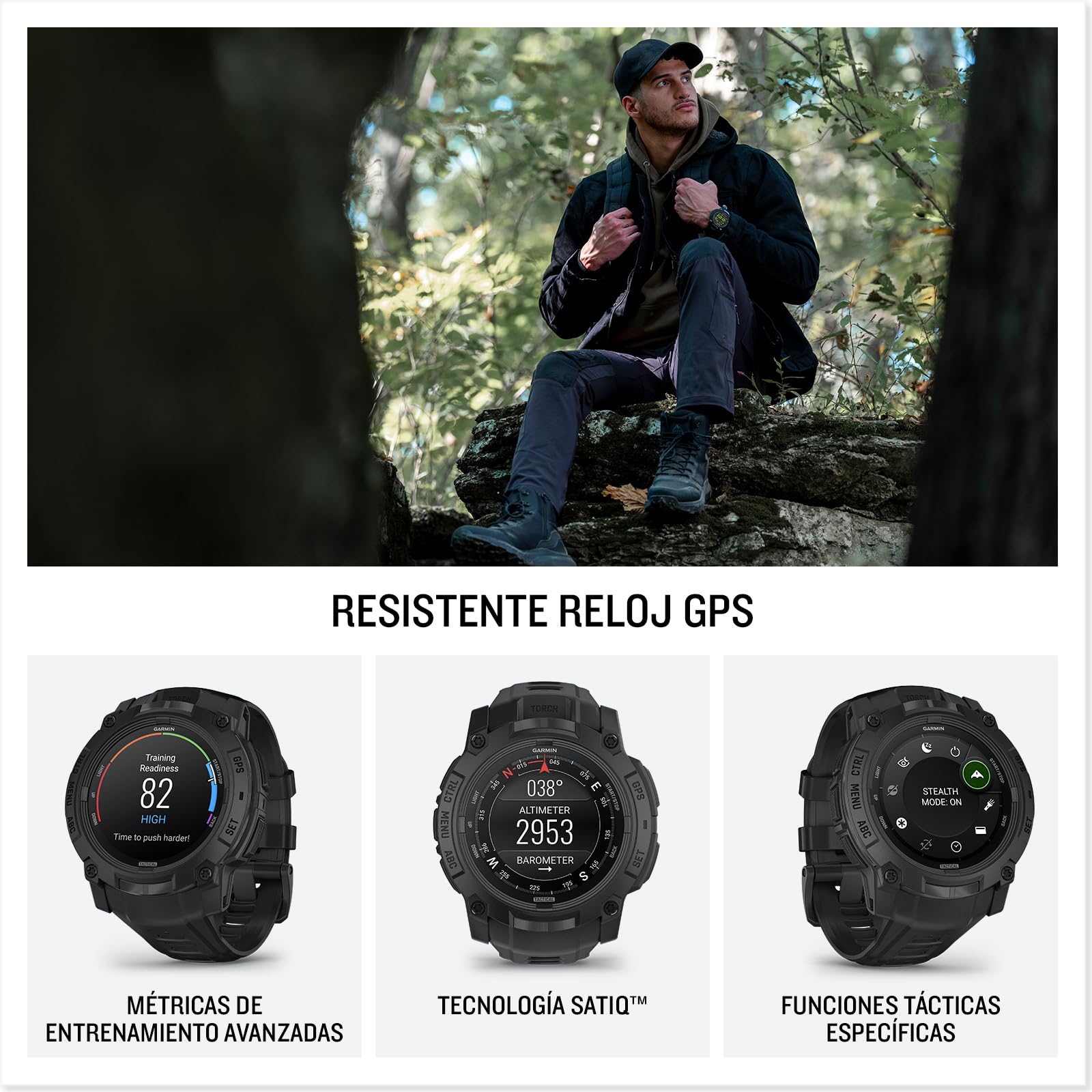 Garmin Instinct 3 Tactical Edition 50 mm, Reloj Inteligente, Negro | Pantalla AMOLED, GPS, linterna LED, funciones tácticas y hasta 24 días de batería
