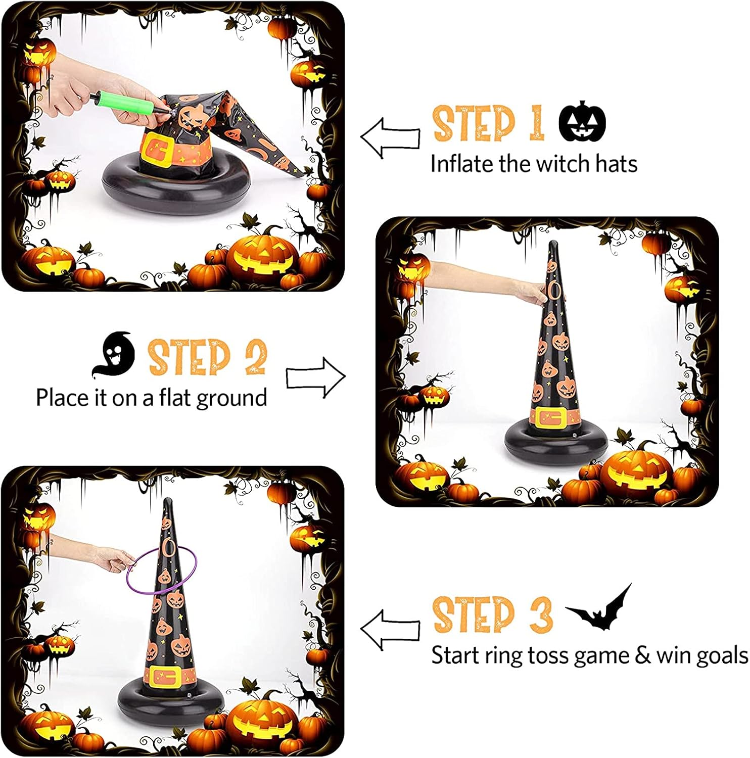 Inflatable Witch Hat Ring Toss Game - 4pcs Set including 10 Rings, Halloween Party Game for Kids & Adults, Indoor/Outdoor - Image 4