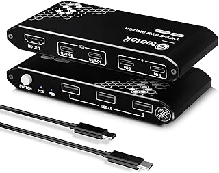 Steetek USB-C KVM Switch 2 Port, Type-C KVM Switch, Support 4K@60Hz, 3 USB 2.0, Controll 2 Laptops by 1 Set of Keyboard & Mouse to Share 1 Monitor, Connect Type-C PD1/2 Port to Supply Power for Laptop