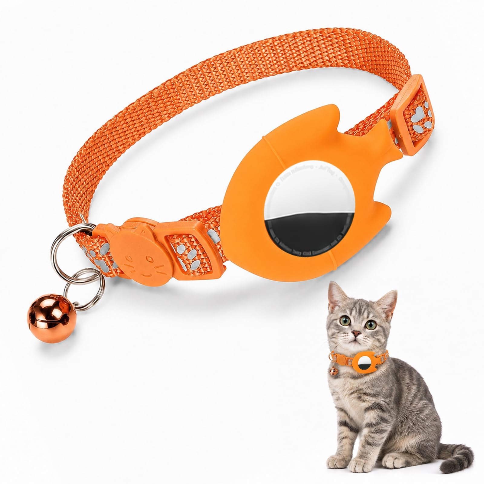 Orange Reflective Breakaway AirTag Cat Collar with Cute Fish Silicone AirTag Holder and Bell, Adjustable Lightweight Kitten Tracker Collar, Quick Release Safety Buckle Pet Accessory for Boy Girl Cats