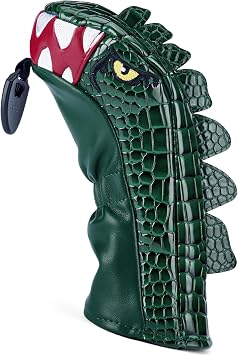 Golf Club Green Cartoon Tyrannosaurus Rex Driver, Fairway Wood, Hybrid and Putters Head Cover Dinosaur Shaped PU Leather Headcover