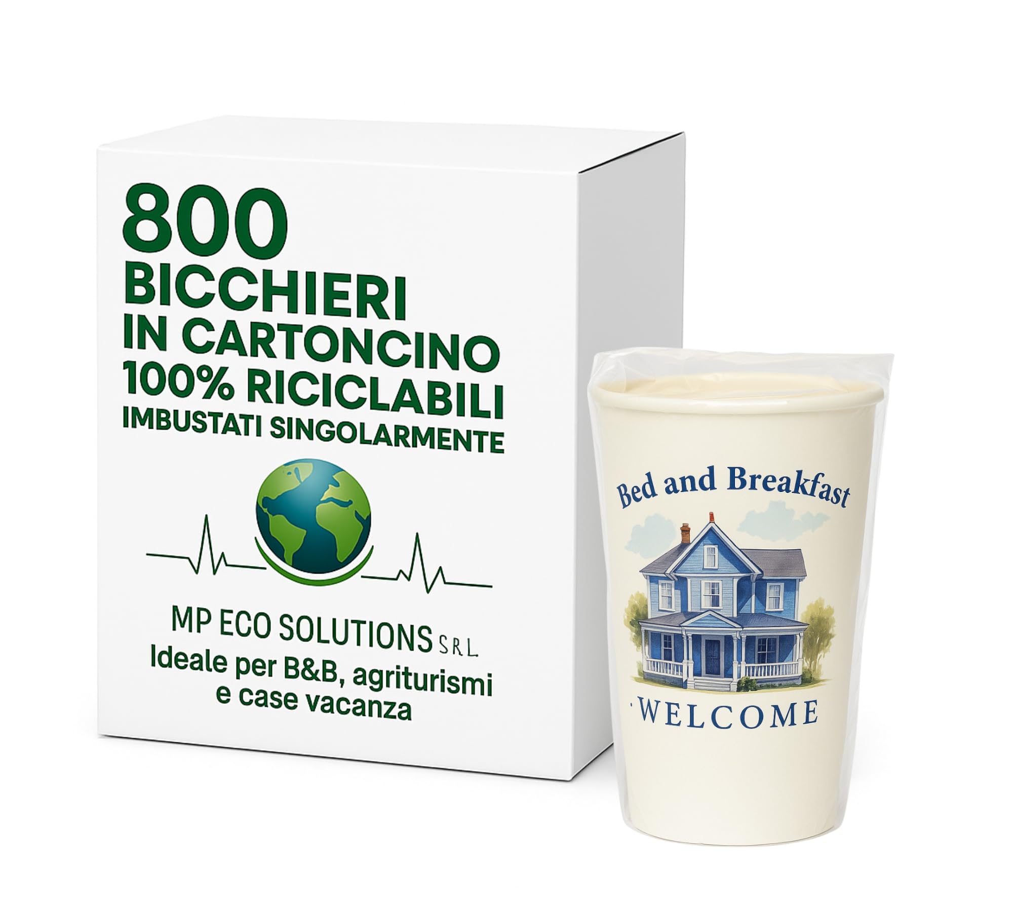 Generico Bicchieri in Carta Imbustati Singolarmente 200 ml – Fantasia B&B – Confezione da 800 Pezzi – Monouso, Igienici e Riciclabili – MP Eco Solutions