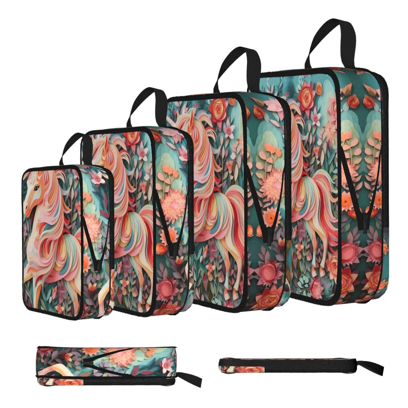 Sxzvvbn Black Pink Paper Cut Unicorn Compression Packing Cubes 4 Piece Set