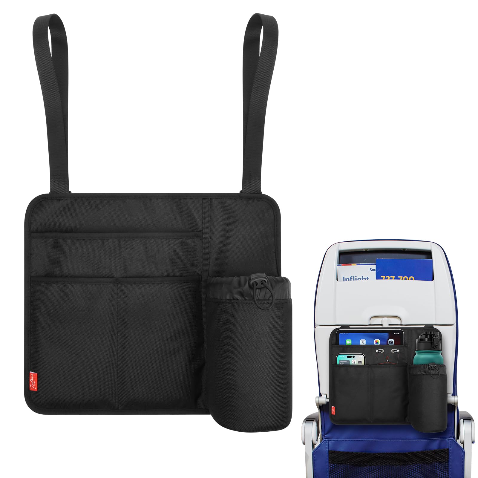 Airplane Seat Back Organizer & Storage, Airplane Tray Table Cover for Personal Items, Airline Seat Hanging Pockets Media Pouch,Reusable Travel Essentials, Fits Tablets, Cell Phone,Water Bottle (Black)