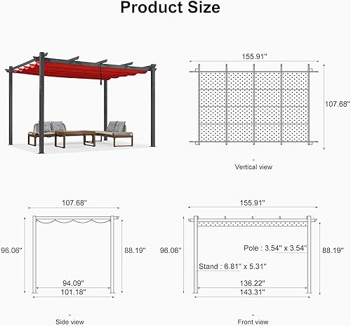 Miniatura 148 de PURPLE LEAF - Pérgola/kiosco retráctil de metal de 10 x 12 pies con toldo para exteriores, patio, jardín, porche, playa, pabellón estilo enrejado