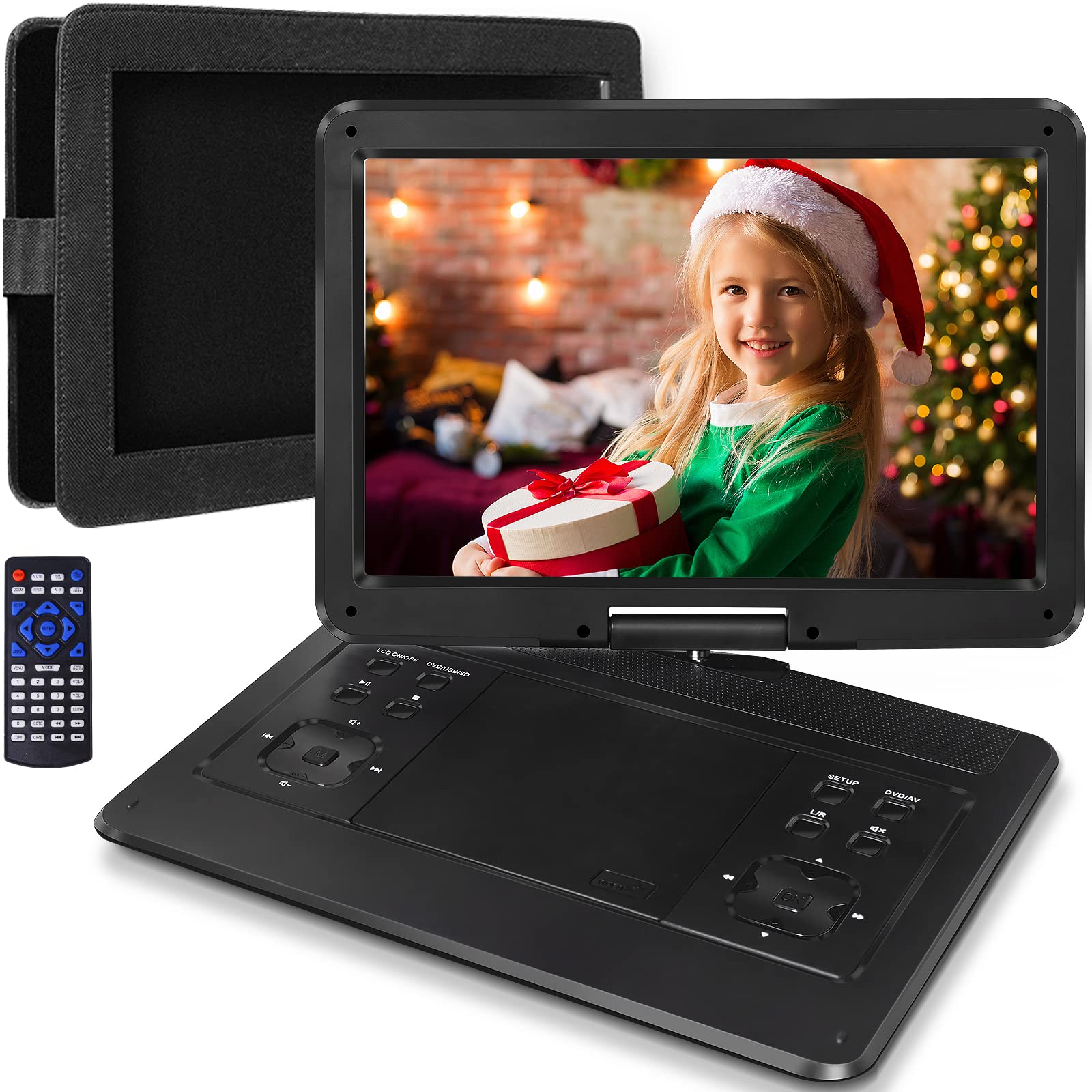 Jekero16.9" Portable DVD Player,14.1" Swivel Screen, 6 Hrs Battery Car Portable DVD Player, Car Headrest Mount, Car Charger, Portable DVD Supports All Region Discs/SD Card/USB/Sync TV, Black