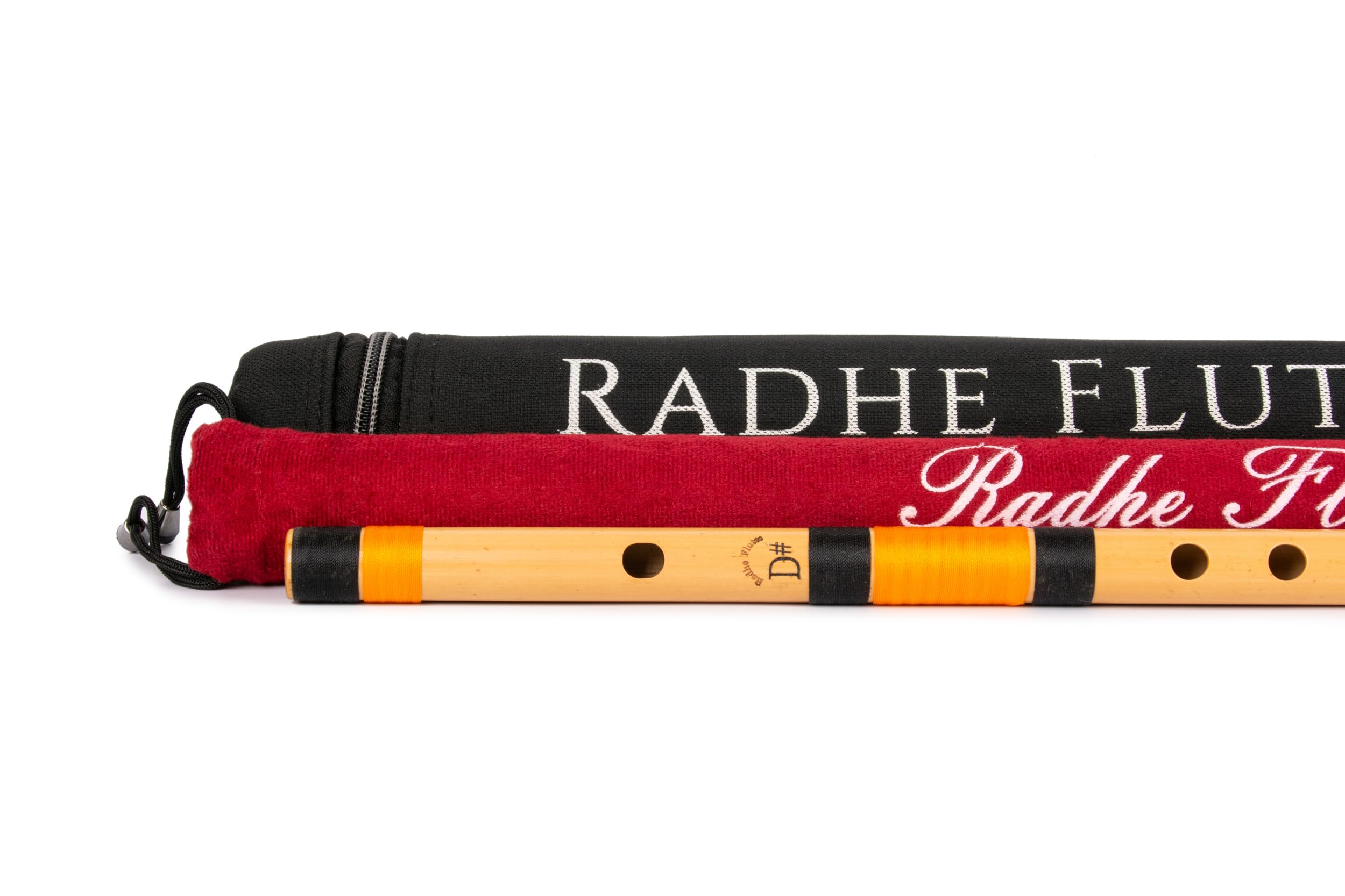 Radhe Flutes | Bansuri professionnel en bambou | D Sharp | droitier | octave moyenne | avec couverture rigide + couverture en velours et tube en papier | Noir et orange | Fabriqué à la main par Tej