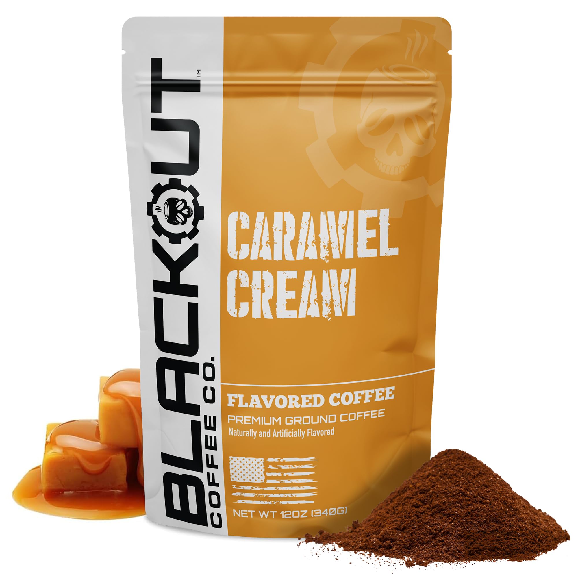 Blackout Coffee Caramel Cream Flavored Ground Coffee – Medium Roast, Smooth Taste, Guilt-Free Indulgence – Freshly Roasted 12oz Bag.