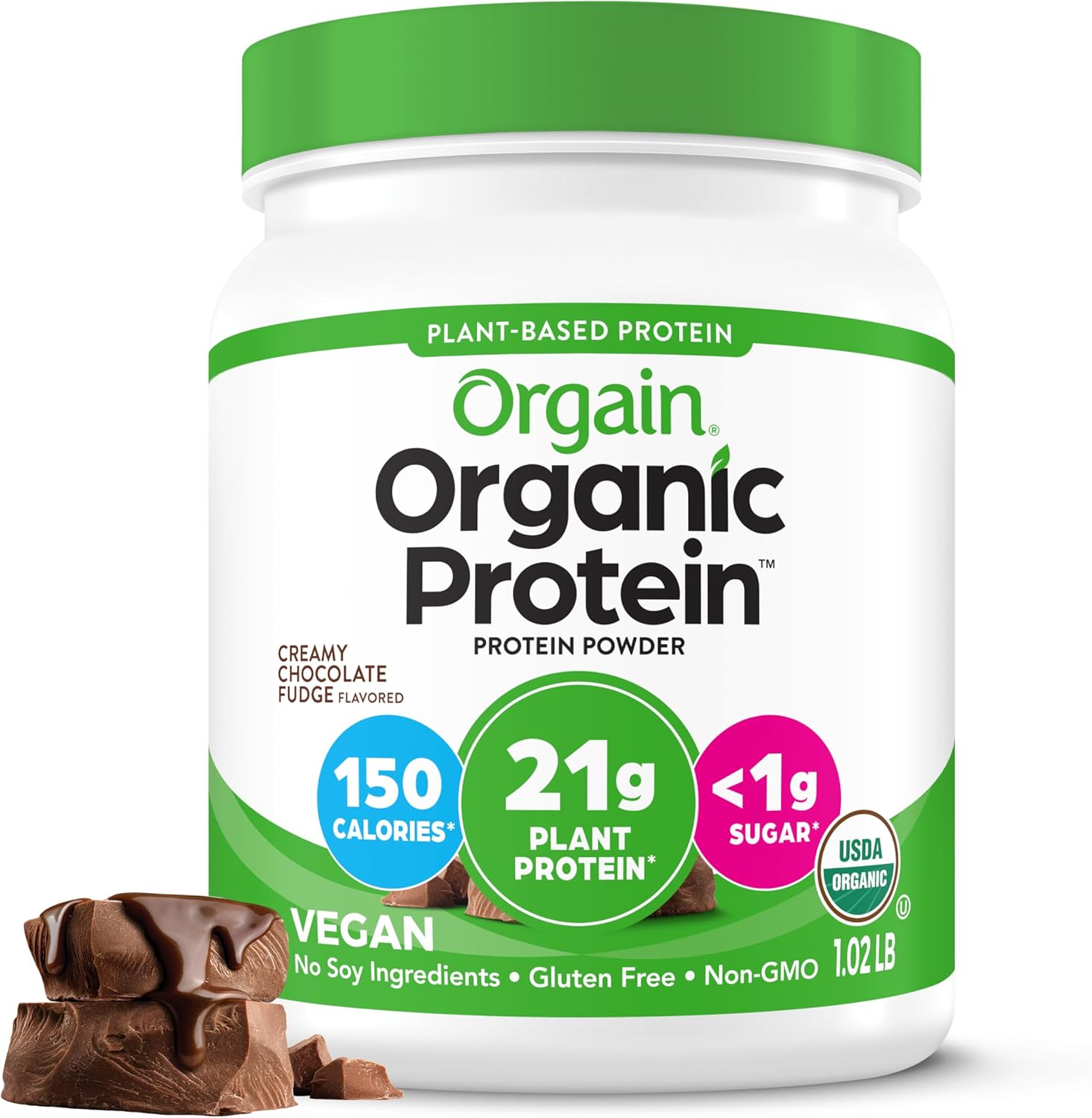 Orgain Organic Vegan Protein Powder, Creamy Chocolate Fudge - 21g Plant Protein, 7g Prebiotic Fiber, Low Net Carb, No Lactose Ingredients, No Added Sugar, Non-GMO, For Shakes & Smoothies, 1.02 lb