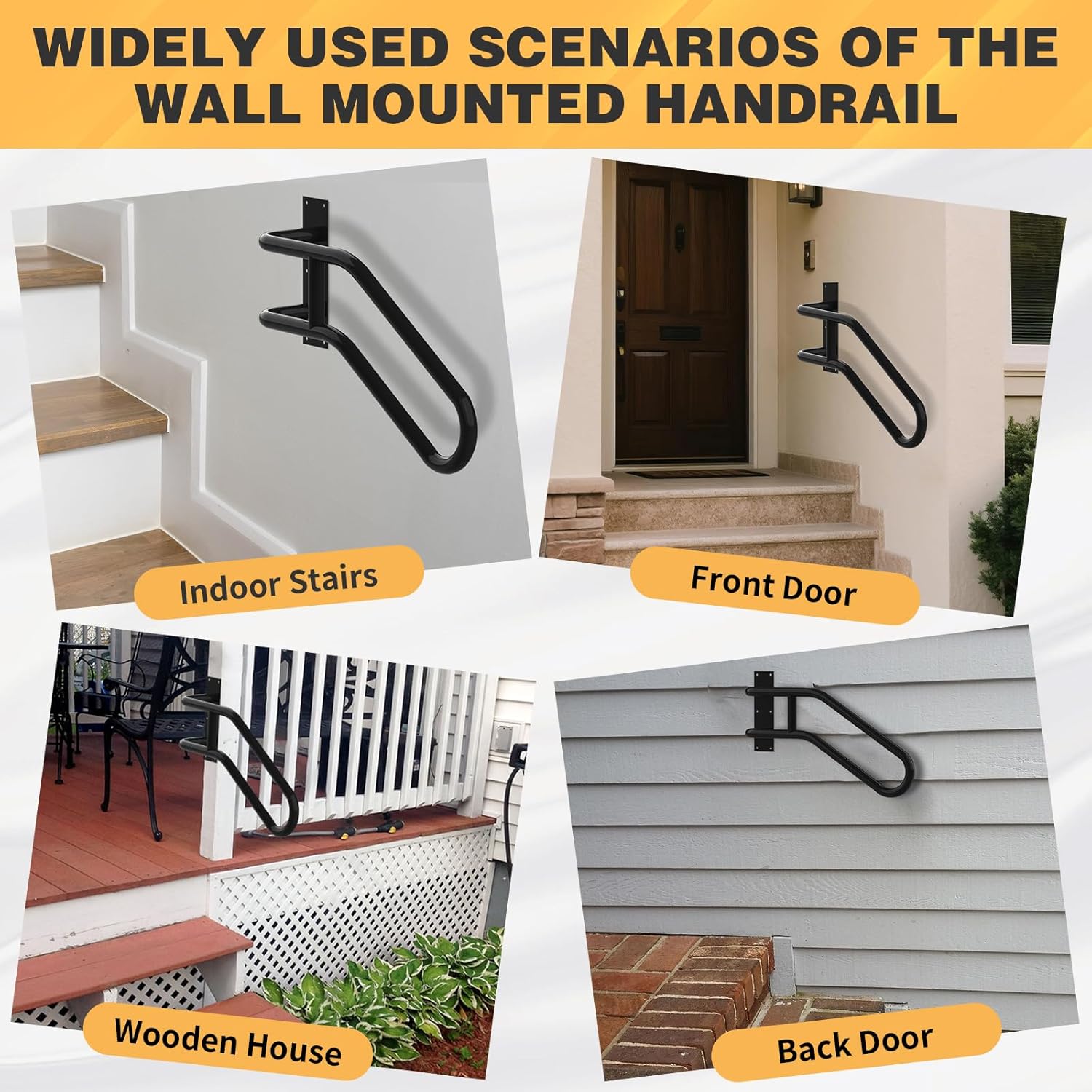 Right Side Wall Mounted handrail, Garge Door Stair Railing for 1-3 Steps(Polished Black, Right Side, 230LBs Loading)