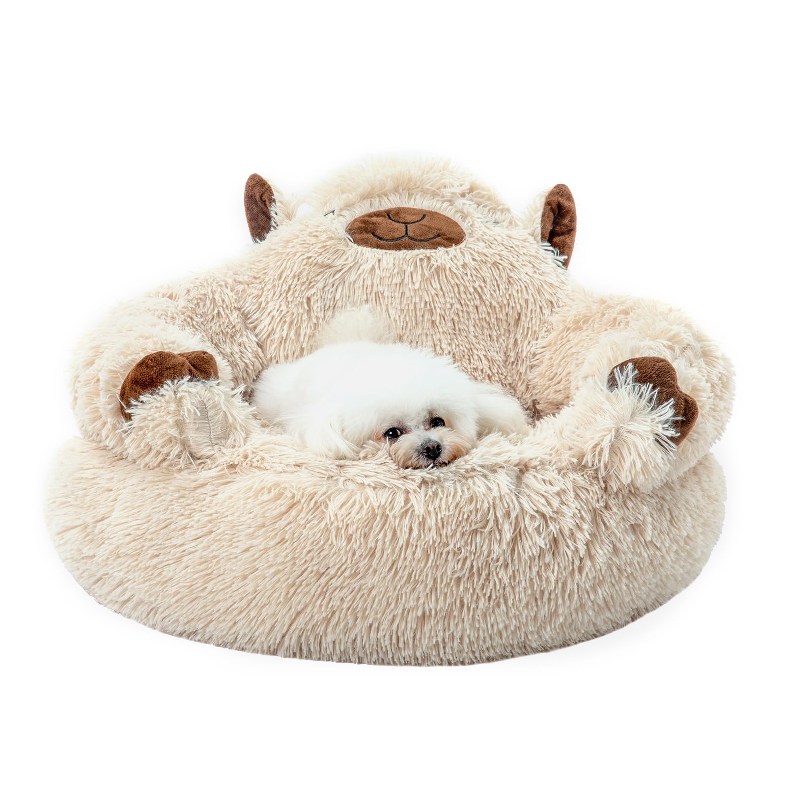 Jiupety Calming Dog and Cat Bed, Cozy Donut Cute Small Dog Beds, Anti Anxiety Round M(24" × 24" × 8") Size for Pets up to 17 lbs, Camel