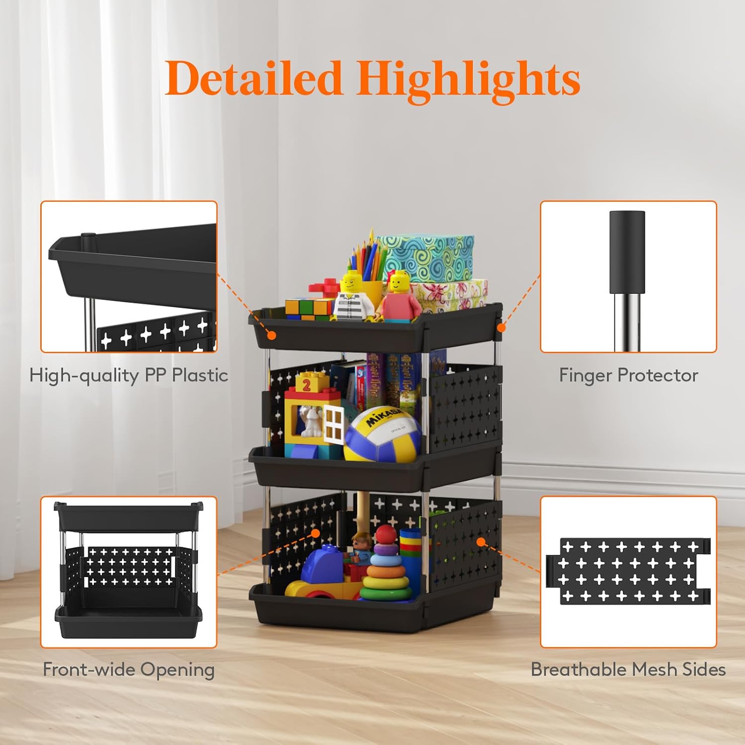 Lifewit Plastic Stackable Storage Baskets, 3 Tier Stacking Bins 13.8"D x 11.8"W x 21.3"H, Large Capacity Multi-Functional Containers Shelves for Pantry, Playroom, Kitchen and Bedroom, 2 Pack, Black