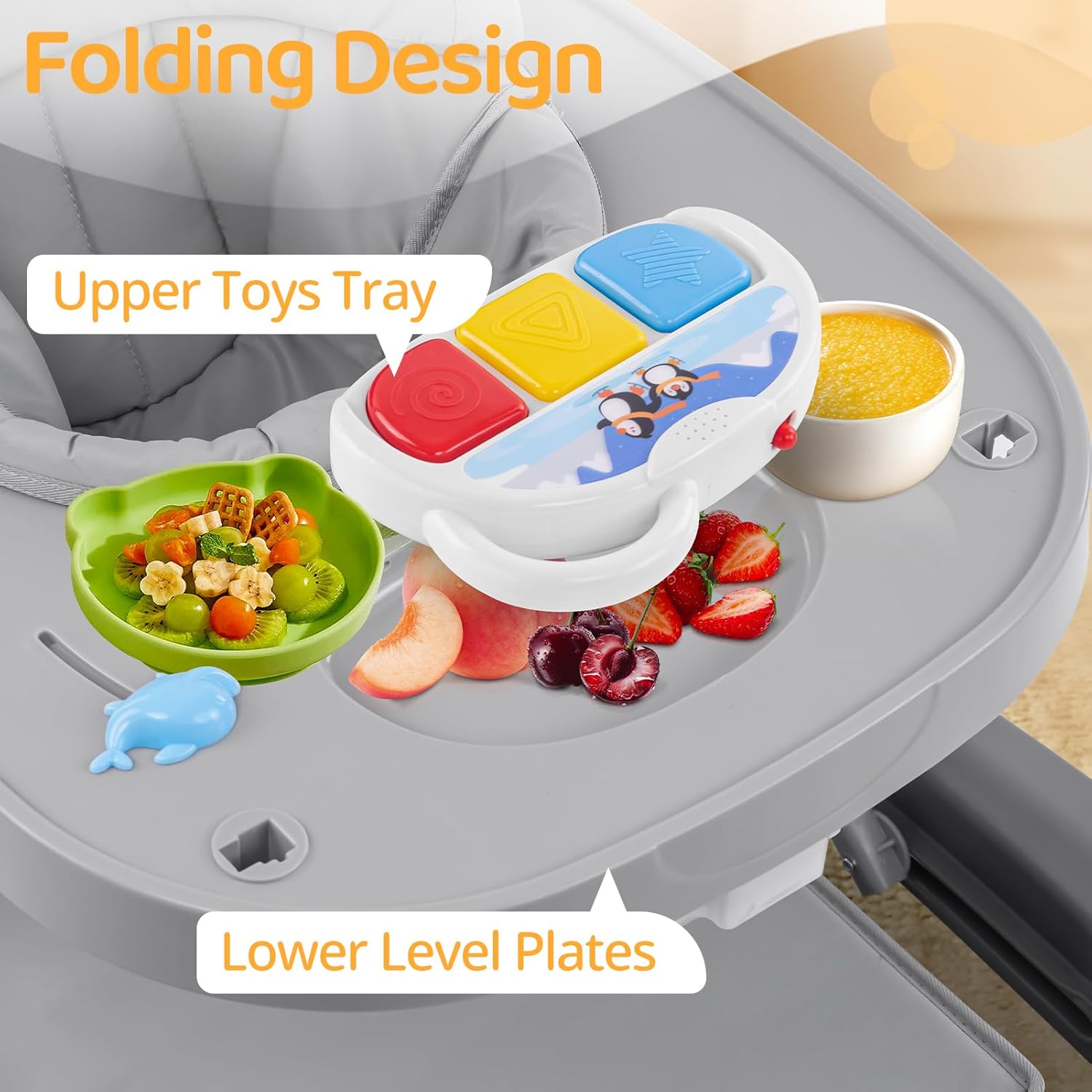 Baby Walker, Music & Removable Footrest with Toys, 3-Height Adjustable, Foldable 4-in-1 Activity Center for Infant and Toddler, Baby Walker for Baby Boy Girls 7–18 Months